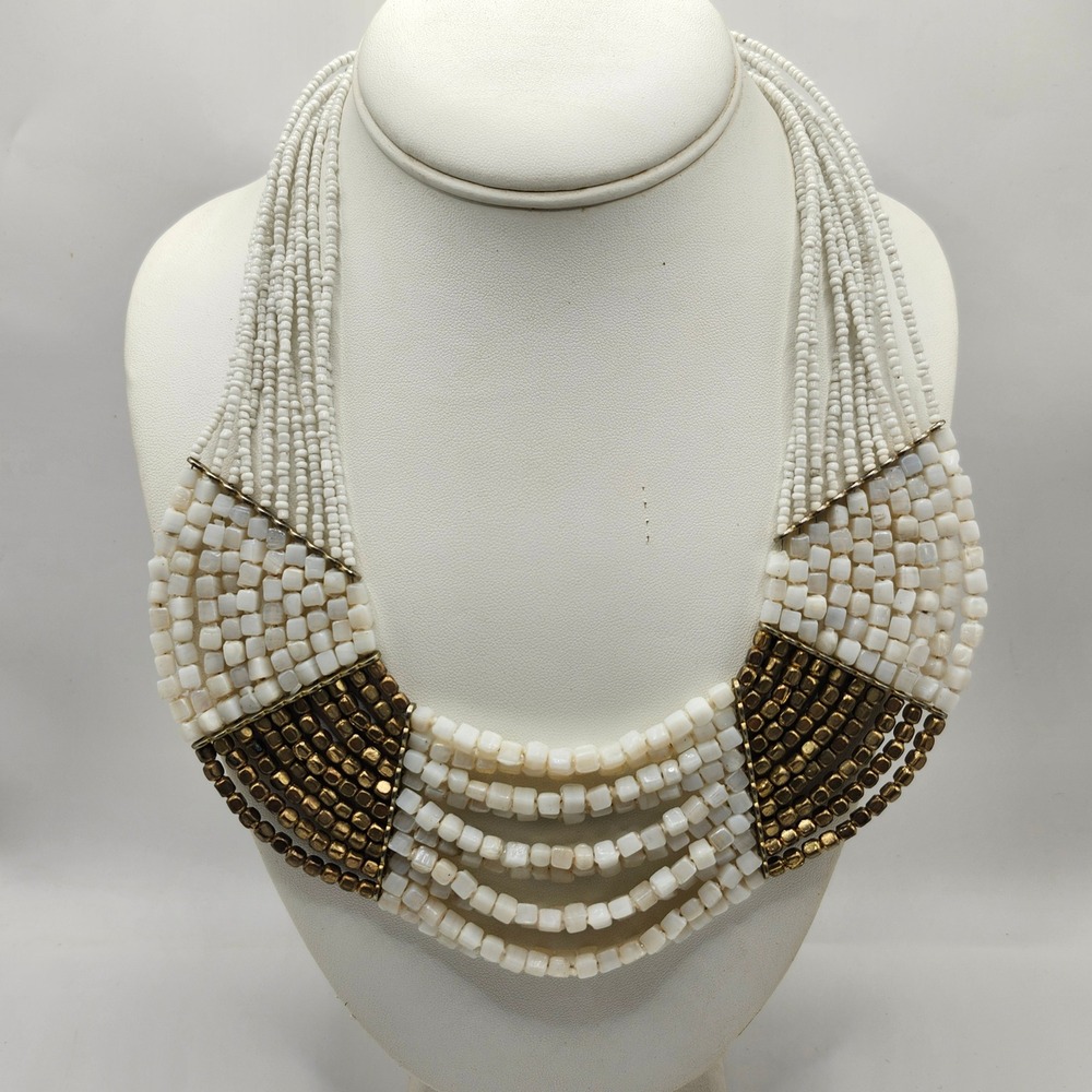 Multi Strand White‎ Seed Bead and Gold Cube Bib Statement Necklace